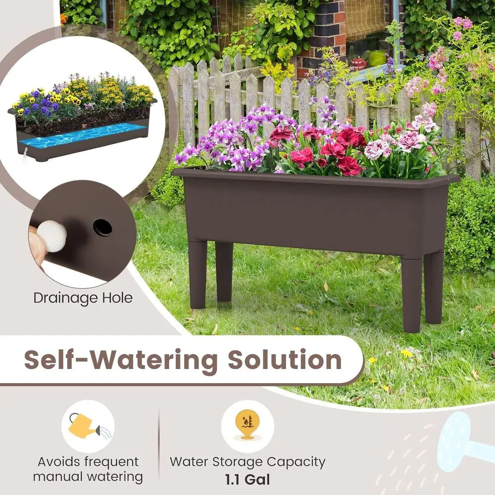 Self-Watering Outdoor Raised Garden Bed Set, 2-Piece, Detachable Legs, Drainage, 31.5Lx12Wx16H, Easy Assembly, Brown