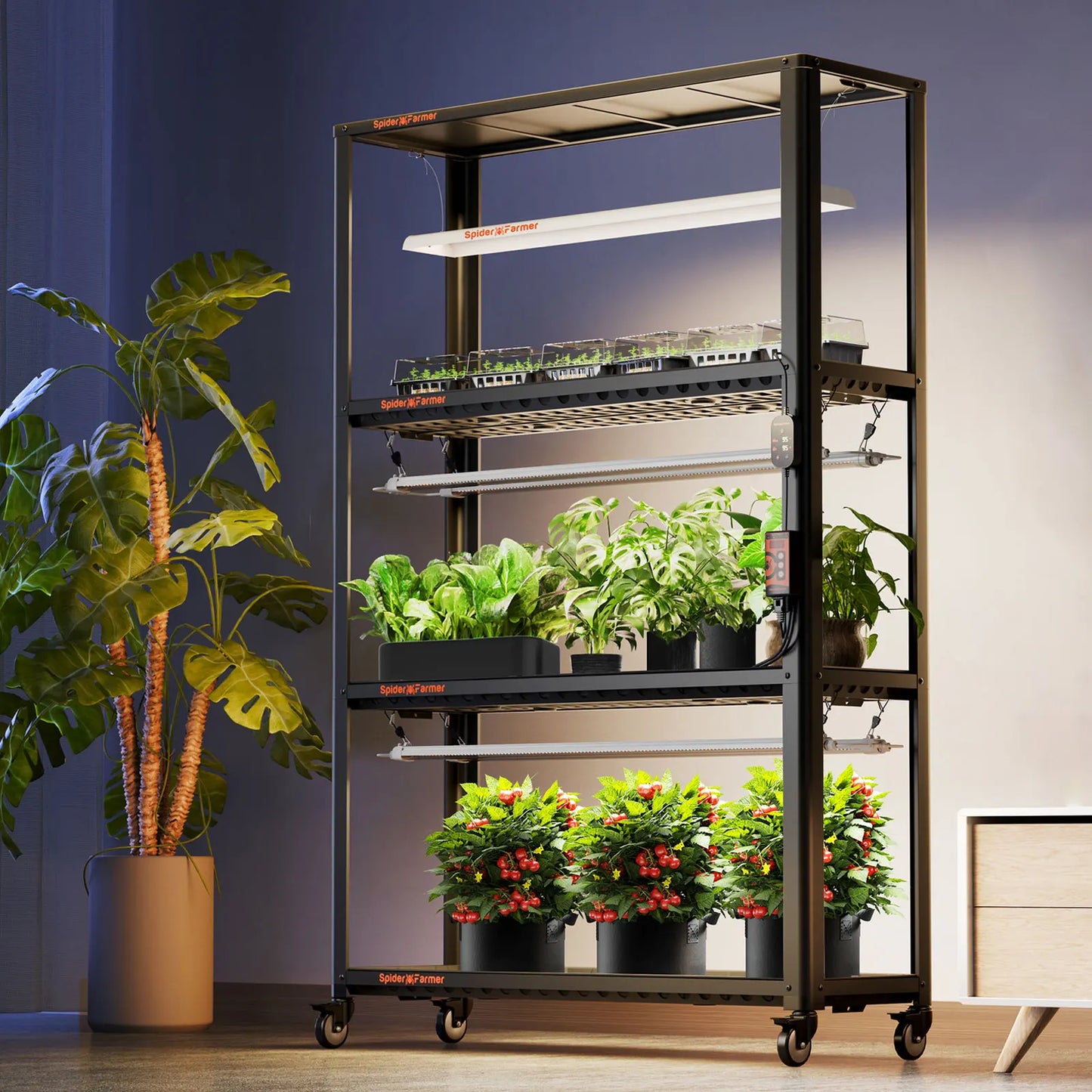 Spider Farmer SF600 Growshelves LED Grow Light 3-Layer W/Metal Plant Stand Trays for Indoor Veg Flower Plants Hydroponics