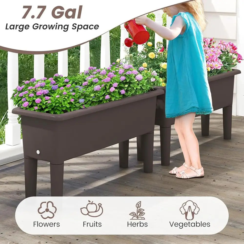 Self-Watering Outdoor Raised Garden Bed Set, 2-Piece, Detachable Legs, Drainage, 31.5Lx12Wx16H, Easy Assembly, Brown