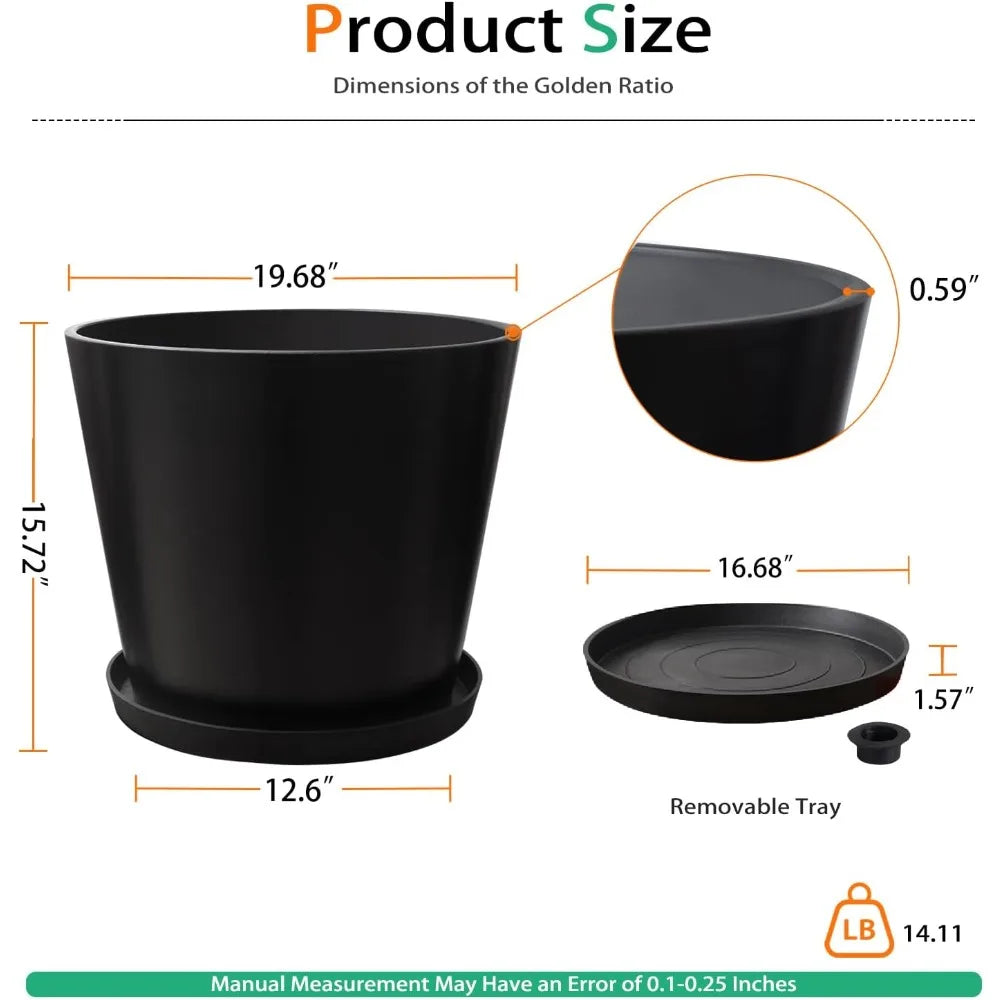 Extra Wide Planter Outdoor Indoor, Large Resin Plant Pots for Trees Flowers (Black, 20 inch - 2 Pack with Saucers)