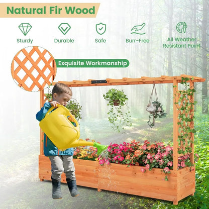 Raised Garden Bed with Trellis & Hanging Roof, Wood Planter Box with Bottom and Drainage Holes, Freestanding Garden Plan
