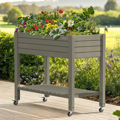 Raised Garden Bed Kit, 3.6 x 1.5 x 2.8 FT Outdoor Plastic Planter Box with Wheels and Legs, Garden Box with Drain Plug &