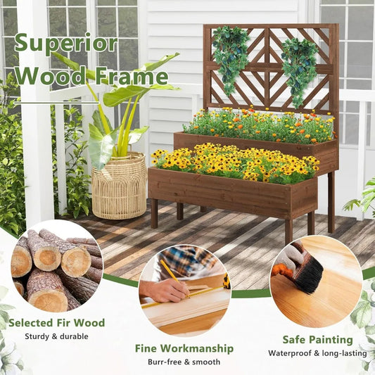 2-Tier Standing Planter Box with Legs and Drain Holes, Outdoor Elevated Garden Trellis for Vine Climbing, Flower Vegetable