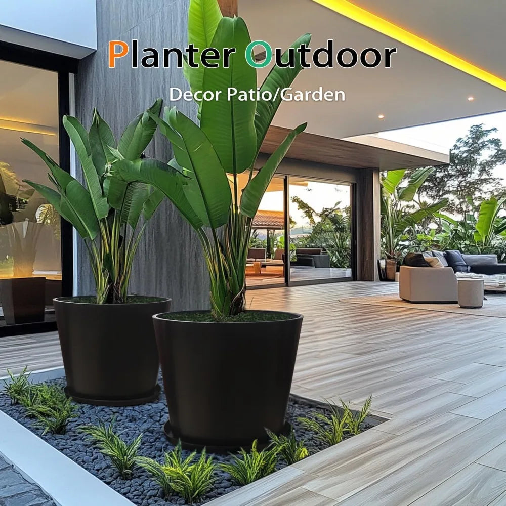 Extra Wide Planter Outdoor Indoor, Large Resin Plant Pots for Trees Flowers (Black, 20 inch - 2 Pack with Saucers)