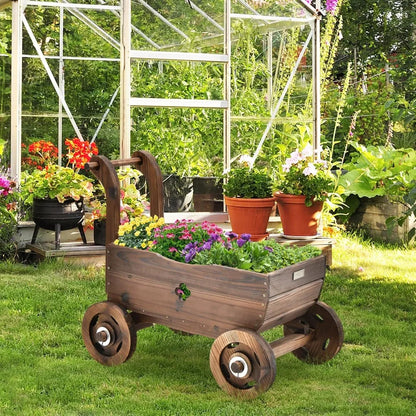 Wooden Wagon Planter Raised Bed on Wheels, Handle, Drainage Hole, Decorative Wagon Cart, Rustic Flowerpot Planter, Mobile Plant