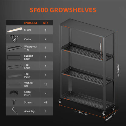 Spider Farmer SF600 Growshelves LED Grow Light 3-Layer W/Metal Plant Stand Trays for Indoor Veg Flower Plants Hydroponics