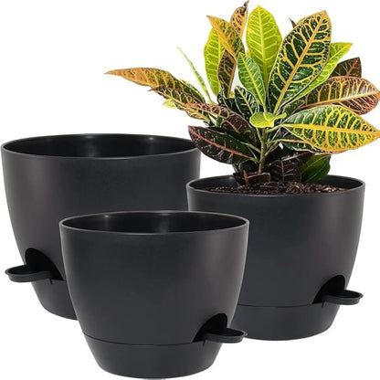Large Self Watering Pots, 12/10/9 Plastic Planters with High Drainage Holes and Deep Reservoir