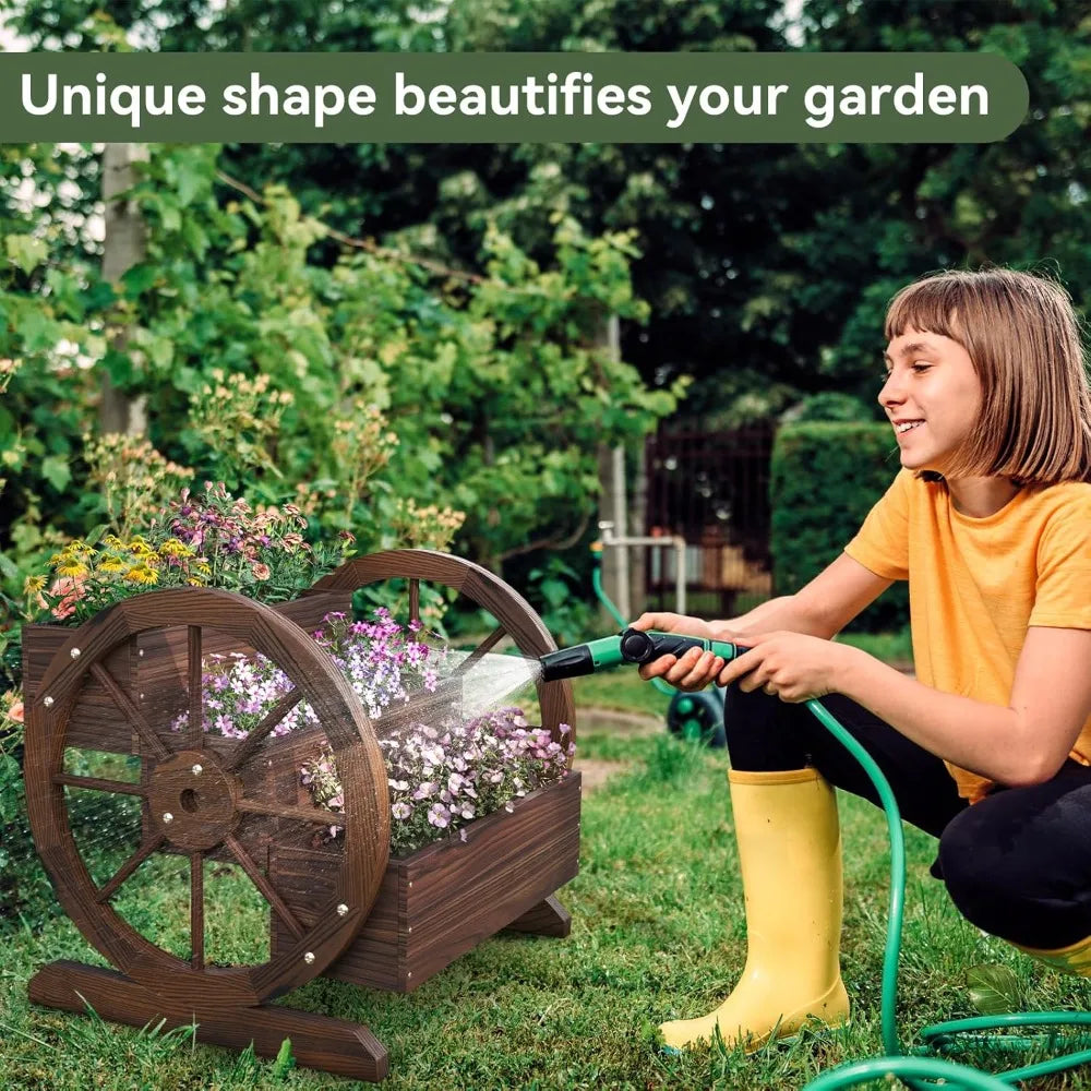 Wooden Wheelbarrow Flower Pot, Three Tier Outdoor Plant Pot, Outdoor Garden Decoration, Herb Cart with Rustic Wooden Wheels