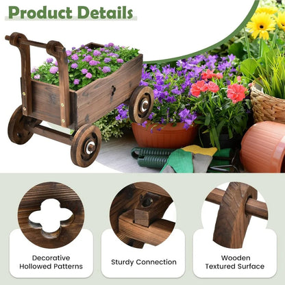 Wooden Wagon Planter Raised Bed on Wheels, Handle, Drainage Hole, Decorative Wagon Cart, Rustic Flowerpot Planter, Mobile Plant
