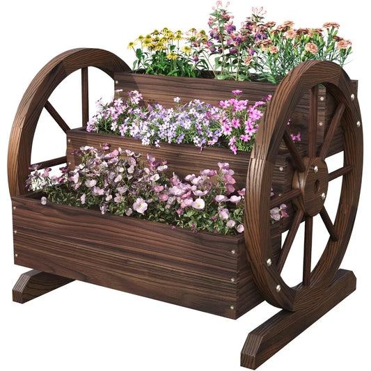 Wooden Wheelbarrow Flower Pot, Three Tier Outdoor Plant Pot, Outdoor Garden Decoration, Herb Cart with Rustic Wooden Wheels
