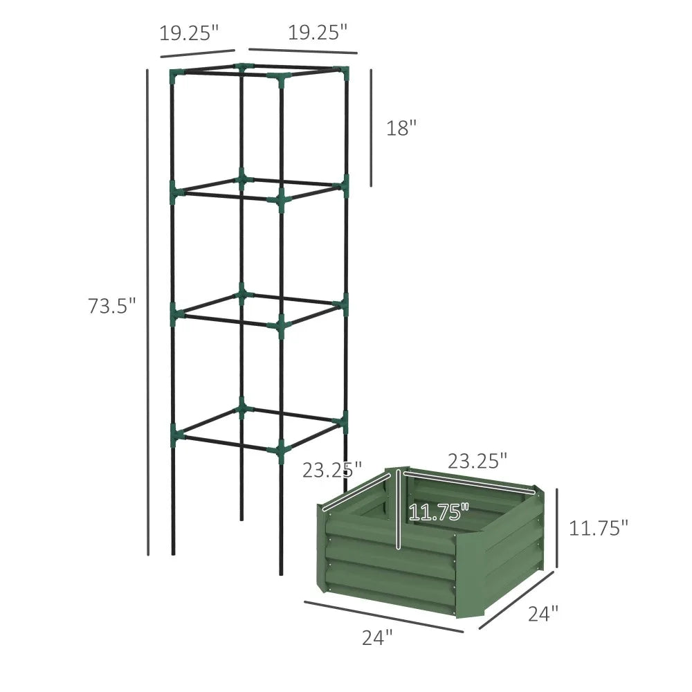 24" x 24" x 11.75" Outdoor Planter Box with Trellis Tomato Cage and Open Bottom Outsunny Galvanized Raised Garden Bed