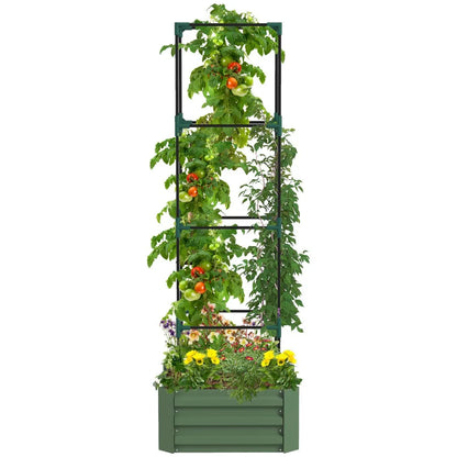 24" x 24" x 11.75" Outdoor Planter Box with Trellis Tomato Cage and Open Bottom Outsunny Galvanized Raised Garden Bed