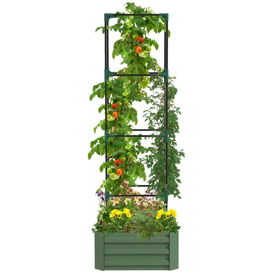 24" x 24" x 11.75" Outdoor Planter Box with Trellis Tomato Cage and Open Bottom Outsunny Galvanized Raised Garden Bed