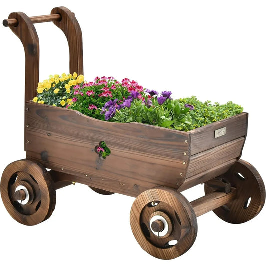 Wooden Wagon Planter Raised Bed on Wheels, Handle, Drainage Hole, Decorative Wagon Cart, Rustic Flowerpot Planter, Mobile Plant