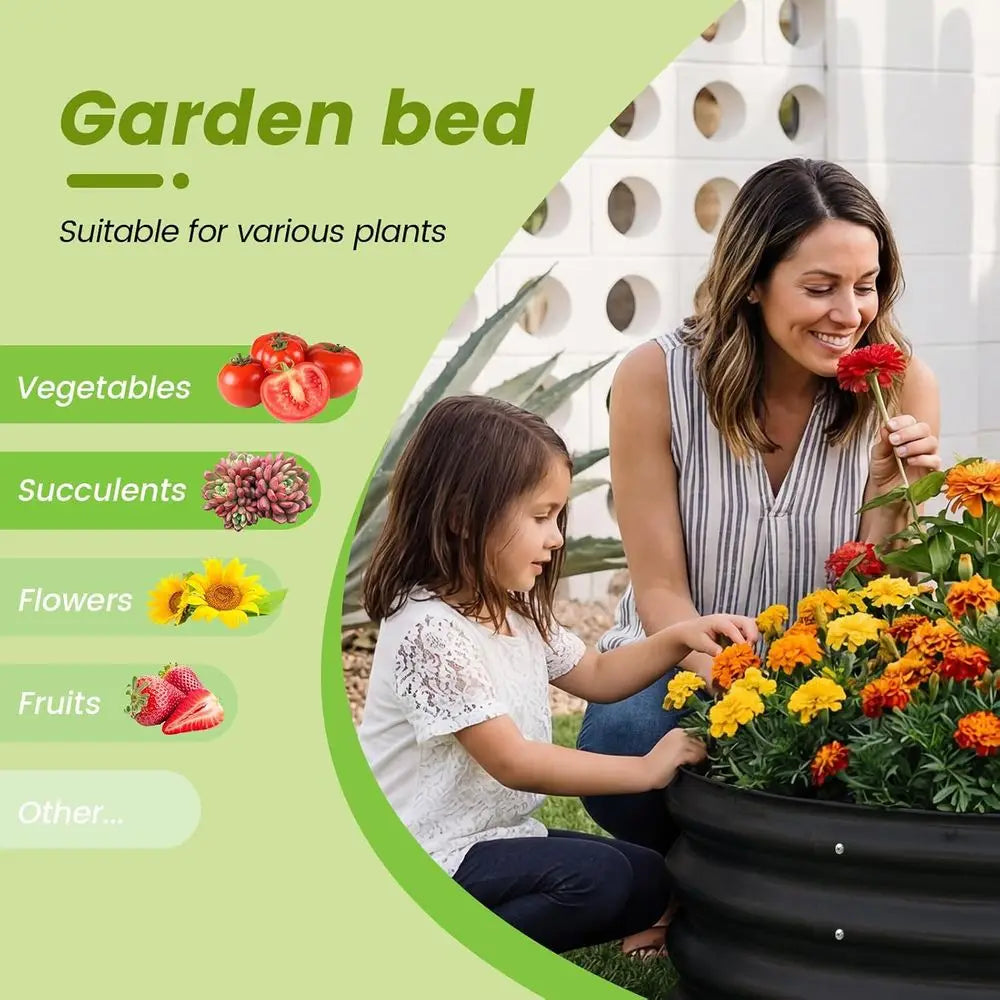 3-Piece Galvanized Steel Raised Garden Bed Kit, Round Metal Planter, Large Outdoor Garden or Herb Planting Bed, Black