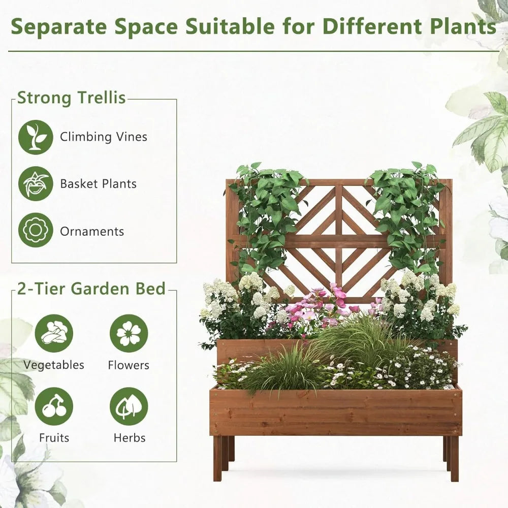 2-Tier Standing Planter Box with Legs and Drain Holes, Outdoor Elevated Garden Trellis for Vine Climbing, Flower Vegetable