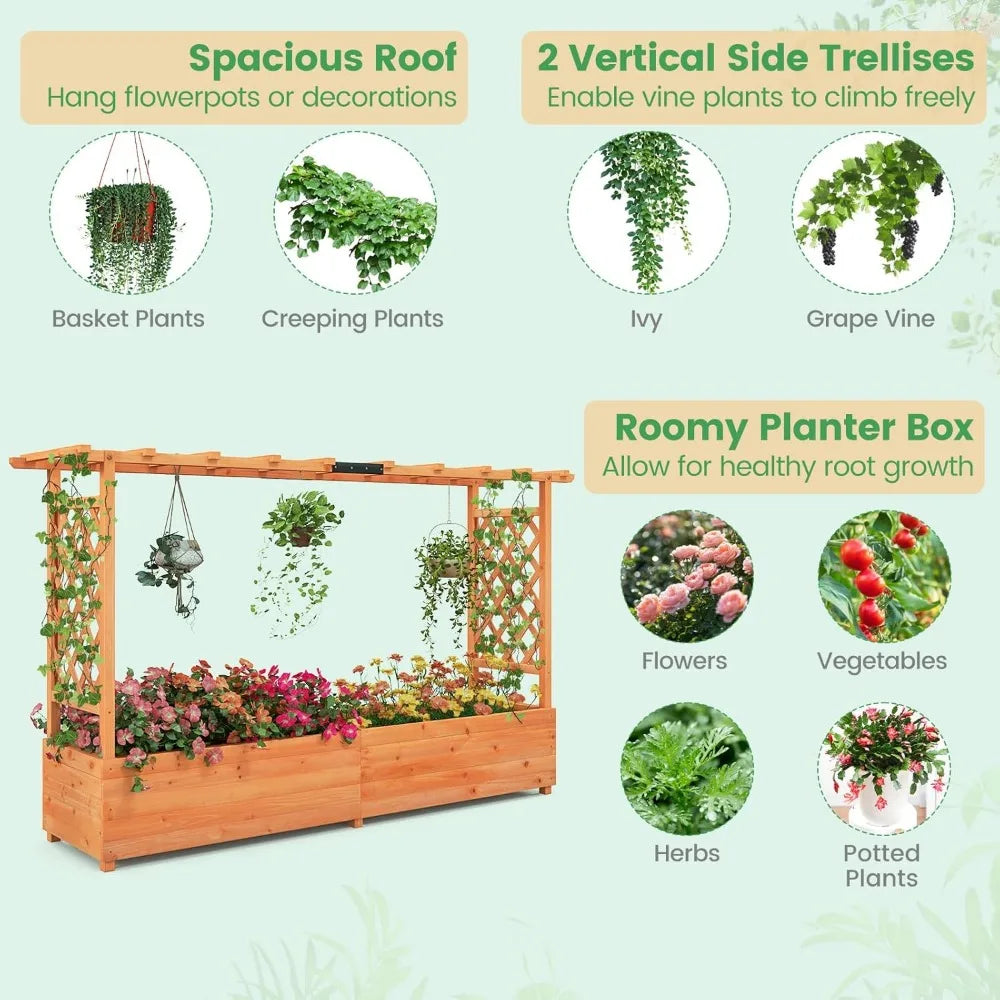 Raised Garden Bed with Trellis & Hanging Roof, Wood Planter Box with Bottom and Drainage Holes, Freestanding Garden Plan