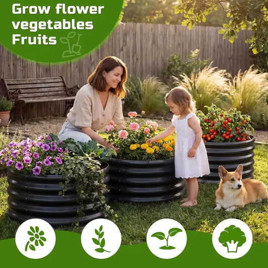 3-Piece Galvanized Steel Raised Garden Bed Kit, Round Metal Planter, Large Outdoor Garden or Herb Planting Bed, Black