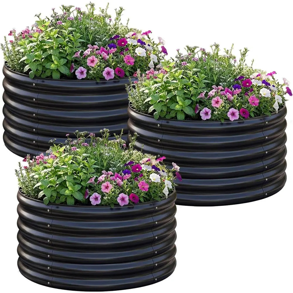 3-Piece Galvanized Steel Raised Garden Bed Kit, Round Metal Planter, Large Outdoor Garden or Herb Planting Bed, Black