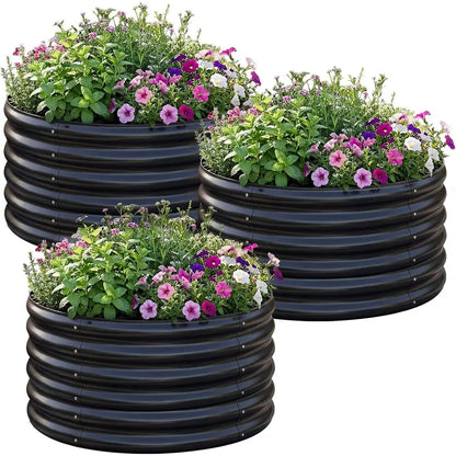 3-Piece Galvanized Steel Raised Garden Bed Kit, Round Metal Planter, Large Outdoor Garden or Herb Planting Bed, Black