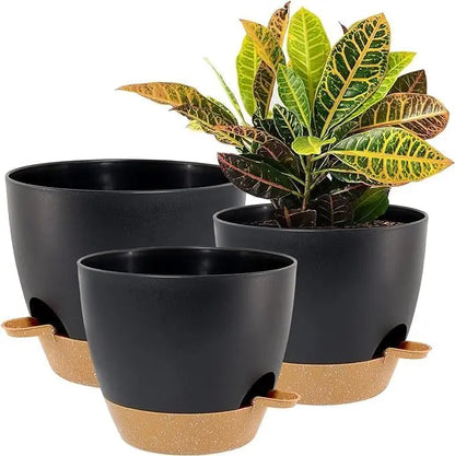 Large Self Watering Pots, 12/10/9 Plastic Planters with High Drainage Holes and Deep Reservoir