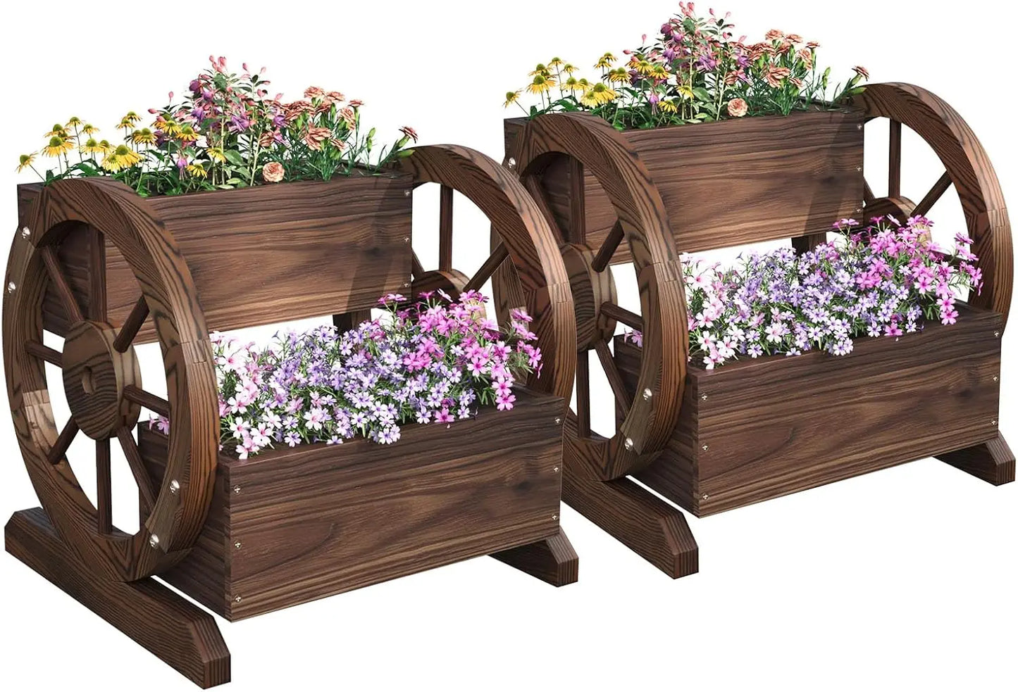 Wooden Wheelbarrow Flower Pot, Three Tier Outdoor Plant Pot, Outdoor Garden Decoration, Herb Cart with Rustic Wooden Wheels