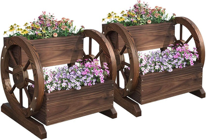Wooden Wheelbarrow Flower Pot, Three Tier Outdoor Plant Pot, Outdoor Garden Decoration, Herb Cart with Rustic Wooden Wheels