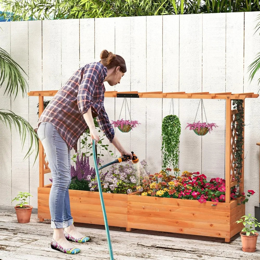 Raised Garden Bed with Trellis & Hanging Roof, Wood Planter Box with Bottom and Drainage Holes, Freestanding Garden Plan