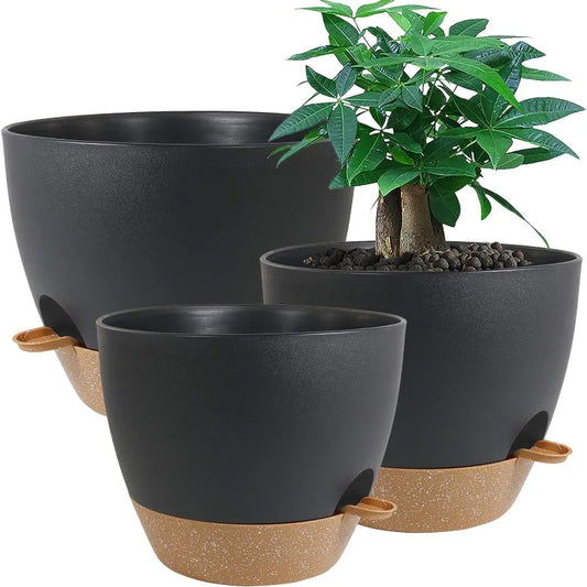 Large Self Watering Pots, 12/10/9 Plastic Planters with High Drainage Holes and Deep Reservoir