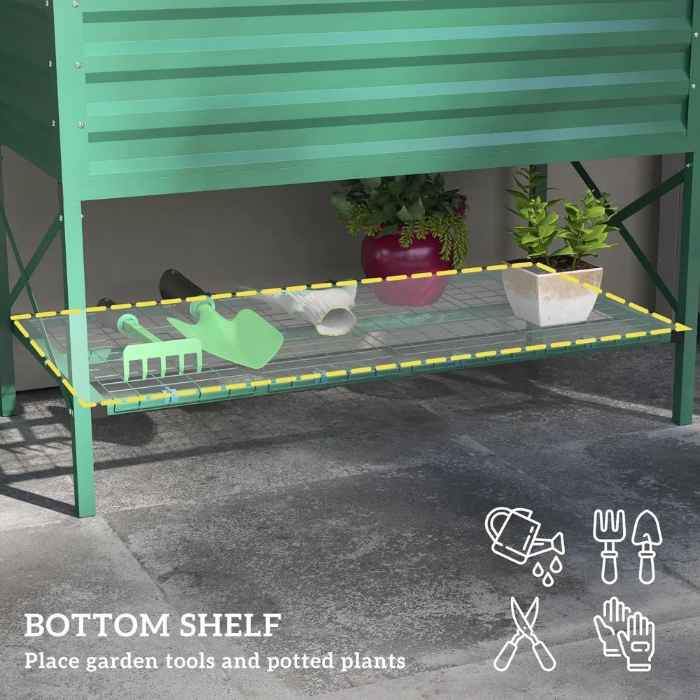 Outsunny Raised Garden Bed with Galvanized Steel Frame,Storage Shelf and Bed Liner,Elevated Planter Box with Legs for Vegetables