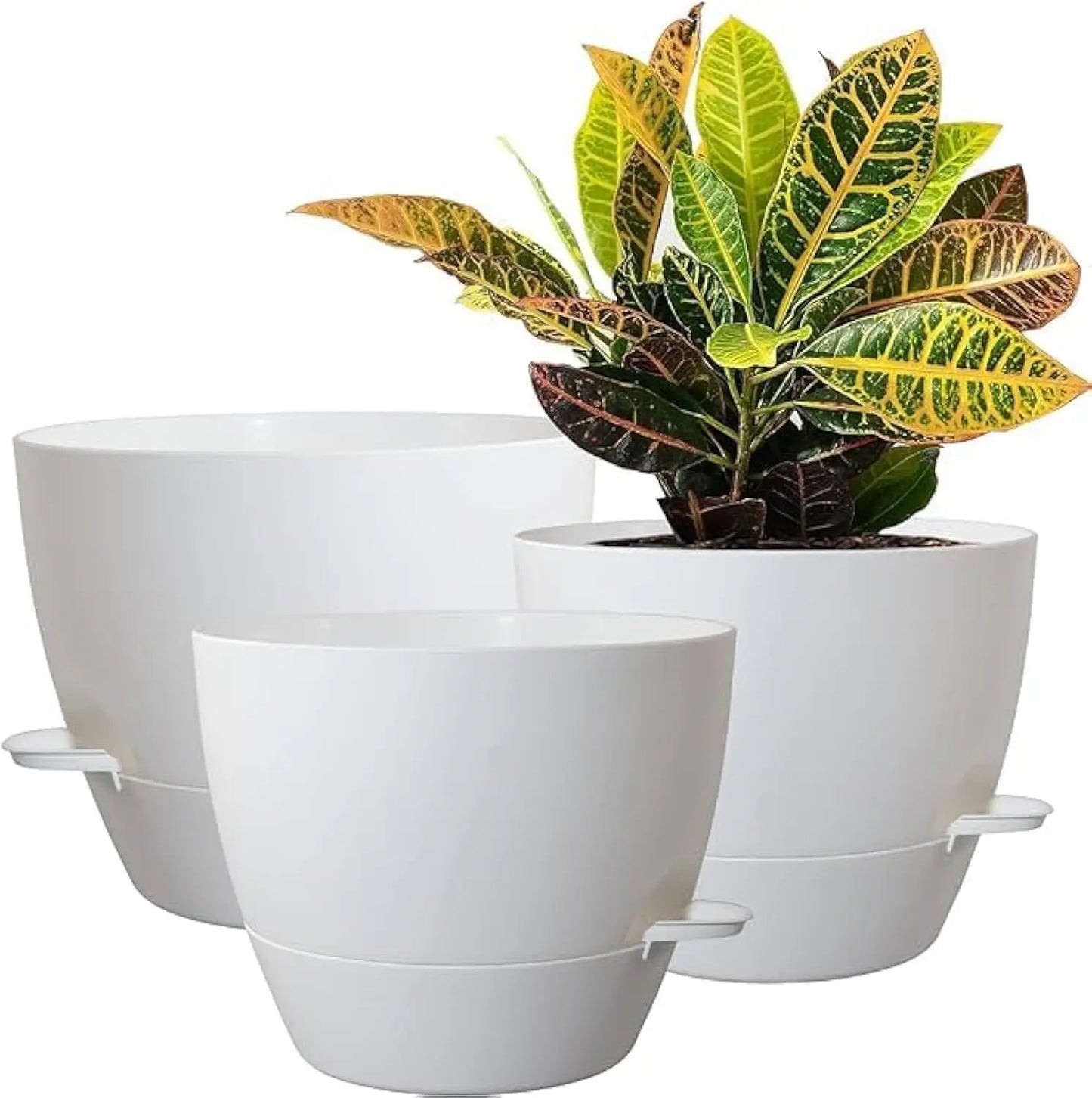 Large Self Watering Pots, 12/10/9 Plastic Planters with High Drainage Holes and Deep Reservoir