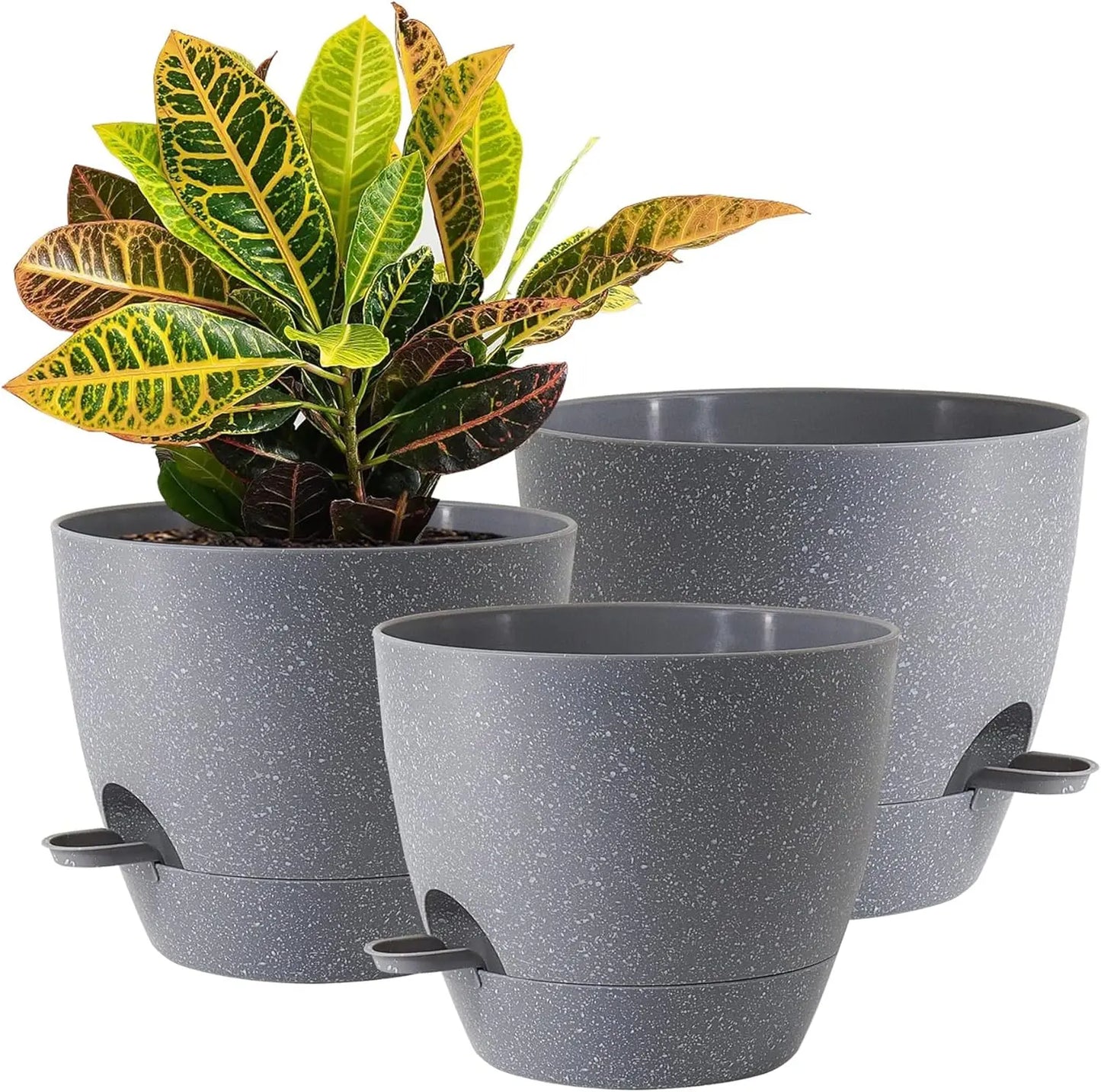 Large Self Watering Pots, 12/10/9 Plastic Planters with High Drainage Holes and Deep Reservoir