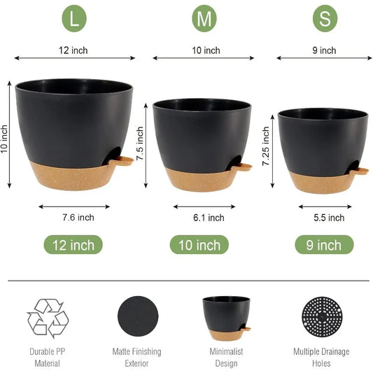 Large Self Watering Pots, 12/10/9 Plastic Planters with High Drainage Holes and Deep Reservoir