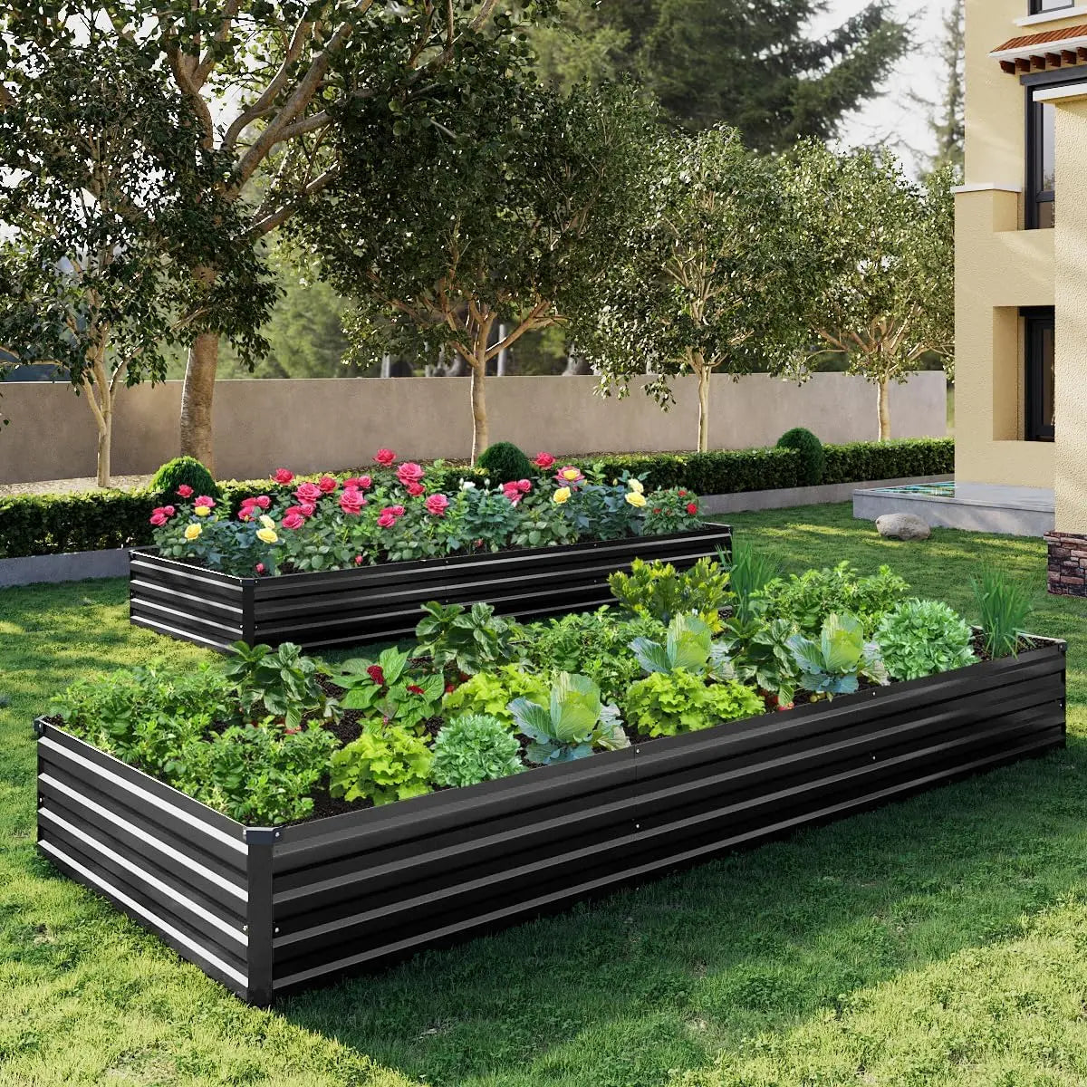 2-Pack Galvanized Steel Raised Garden Bed Kit, 10x3x1FT Large Outdoor Planter Box for Vegetables Flowers Herbs