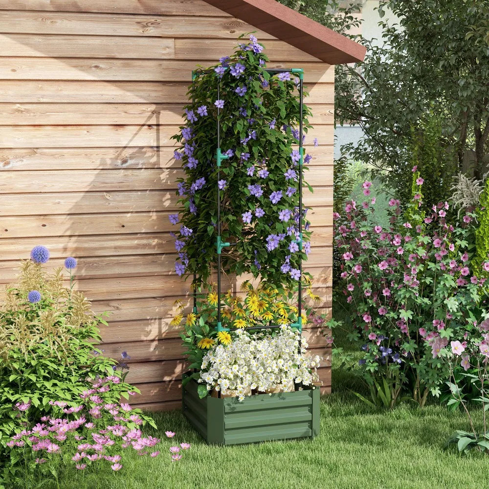 24" x 24" x 11.75" Outdoor Planter Box with Trellis Tomato Cage and Open Bottom Outsunny Galvanized Raised Garden Bed