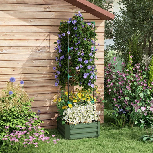24" x 24" x 11.75" Outdoor Planter Box with Trellis Tomato Cage and Open Bottom Outsunny Galvanized Raised Garden Bed