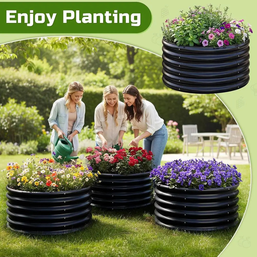 3-Piece Galvanized Steel Raised Garden Bed Kit, Round Metal Planter, Large Outdoor Garden or Herb Planting Bed, Black