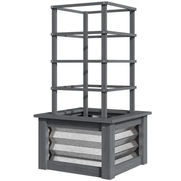 Outsunny Wooden Raised Garden Bed with Trellis, Galvanized Planter Box Elevated Garden Bed for Garden, Patio, Gray