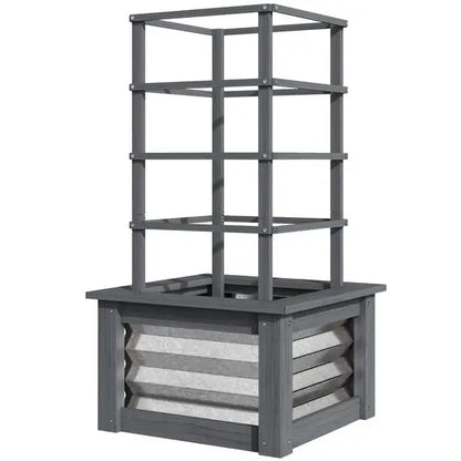 Outsunny Wooden Raised Garden Bed with Trellis, Galvanized Planter Box Elevated Garden Bed for Garden, Patio, Gray