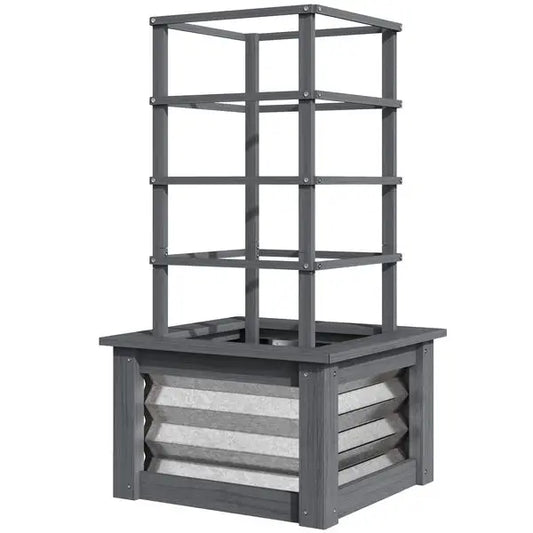 Outsunny Wooden Raised Garden Bed with Trellis, Galvanized Planter Box Elevated Garden Bed for Garden, Patio, Gray