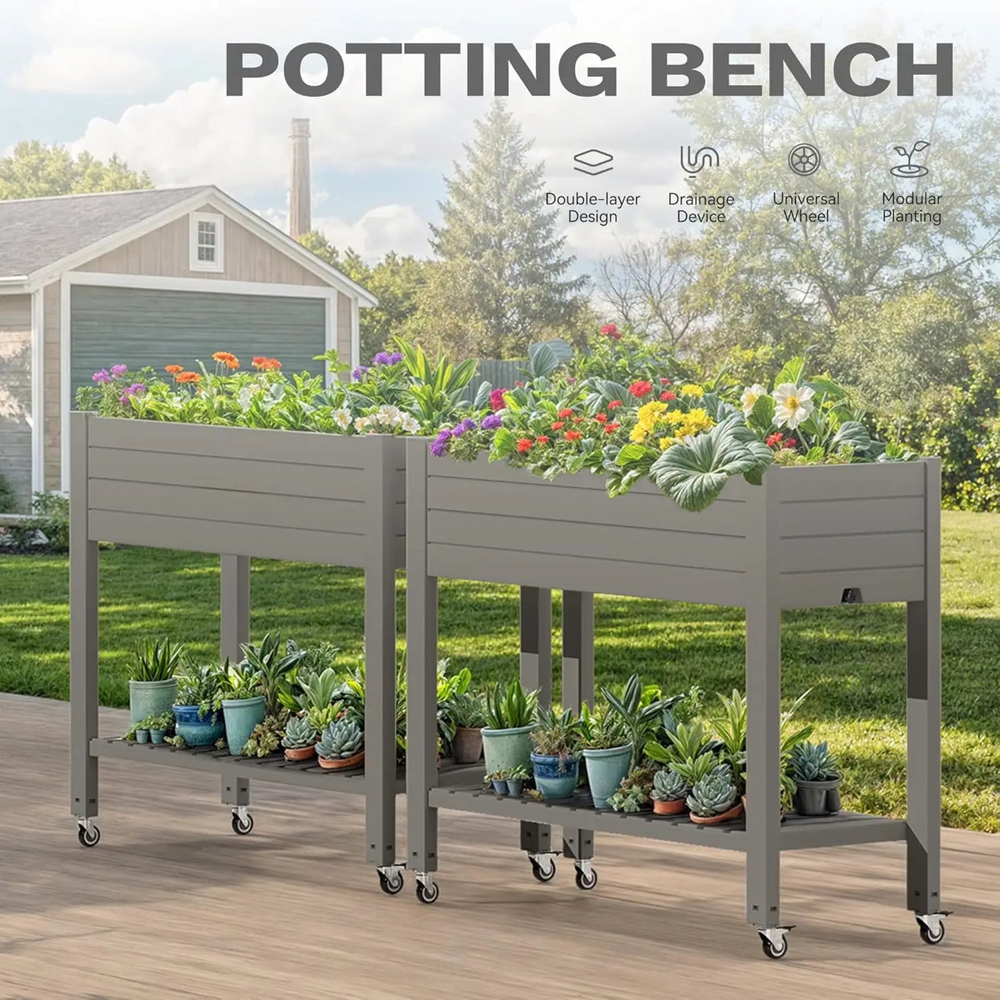 Raised Garden Bed Kit, 3.6 x 1.5 x 2.8 FT Outdoor Plastic Planter Box with Wheels and Legs, Garden Box with Drain Plug &