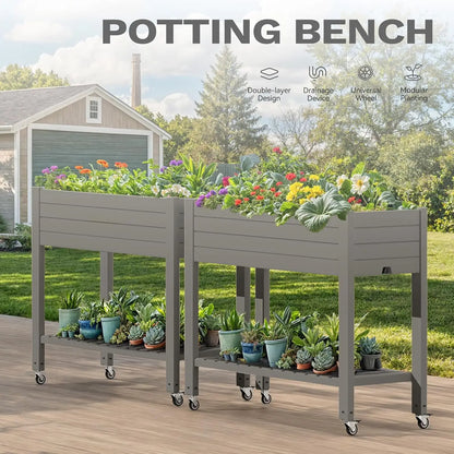 Raised Garden Bed Kit, 3.6 x 1.5 x 2.8 FT Outdoor Plastic Planter Box with Wheels and Legs, Garden Box with Drain Plug &