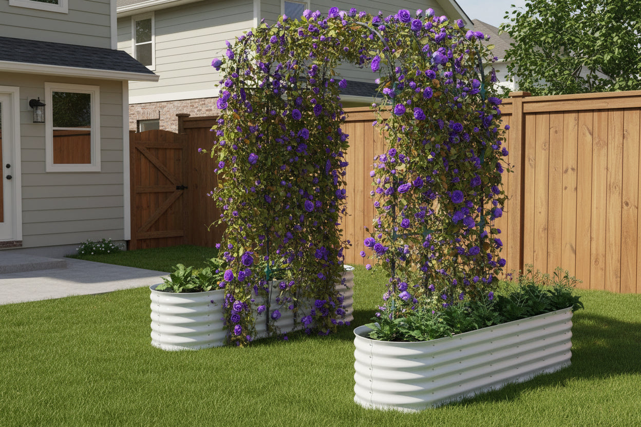Floral archway with purple flowers in metal planters on a white background