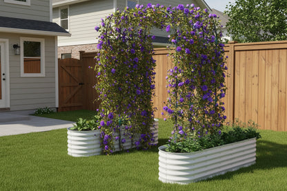 Floral archway with purple flowers in metal planters on a white background