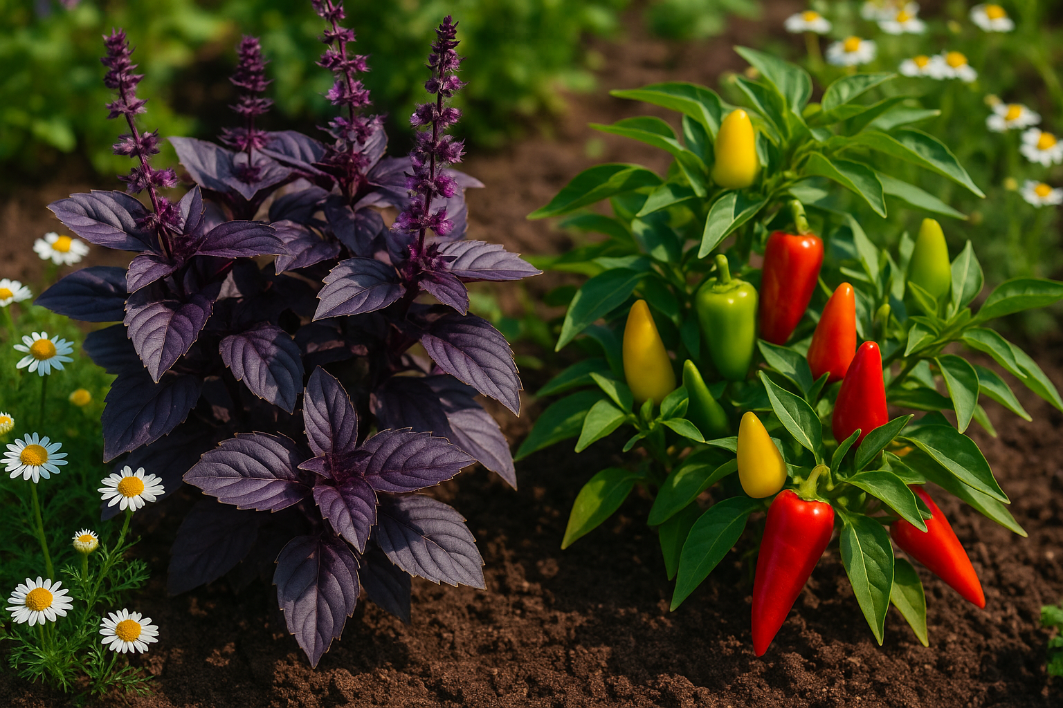 purple basil with sweet peppers and chamonile garden